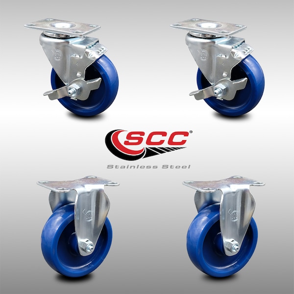 4 Inch SS Solid Polyurethane Top Plate Caster Set with 2 Brake 2 Rigid SCC